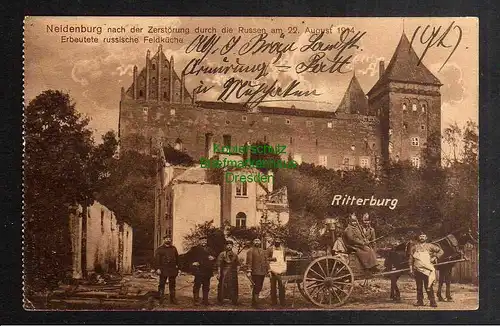 Ansichtskarte Neidenburg Opr. Nach der zerstörung 1914 erbeutete russ. Feldküche