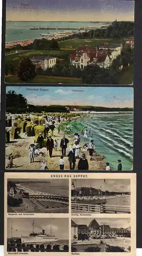 3 Ansichtskarte Zoppot Freie Stadt Danzig 1922 Strandleben 1913 Seesteg Kasinohotel