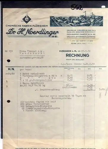 v562 Briefbogen Firmenrechnung Flörsheim am Main 1934 Chemische fabrik Dr. H. No