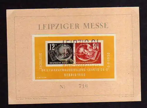 DDR Block 7 Gedenkblatt Leipziger Messe No. 719 mit Dreifarben SST Debria