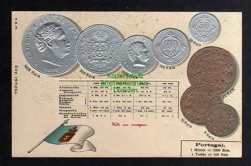 Ansichtskarte Münzprägekarte Portugal Flagge um 1900 5 - 1000 Reis