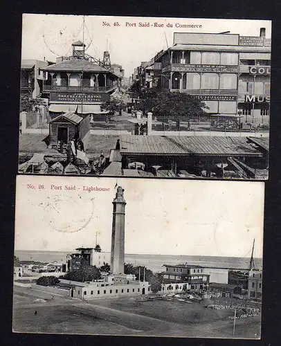2 Ansichtskarte Port Said 1908 Lighthouse Leuchtturm Egypte Hotel Rue du Commerce