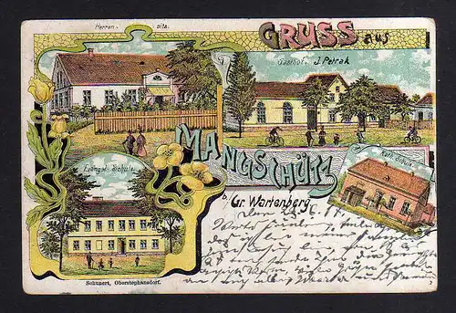 Ansichtskarte Mangschütz Kr. Groß Wartenberg Sycow Litho um 1900 Gasthof Ev. Schule