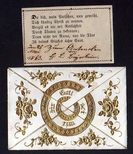 Taufbrief Erinnerung 1863 Fördergersdorf Patenbrief goldgeprägt  mit Spru