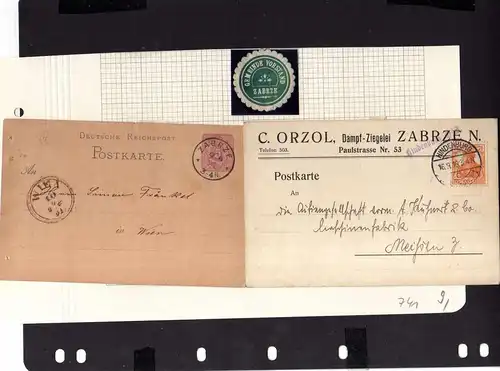 v741 2 Postkarten Zabrze 1881 1916 Hindenburg O.S. Siegelmarke Gemeinde Vorstand