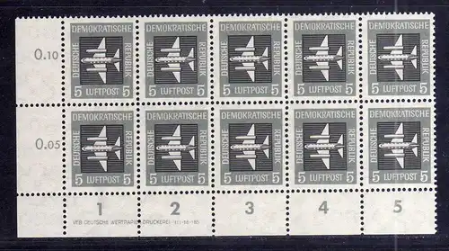 DDR 1957 609 Luftpost Dauerserie 5 Pfg. ** DV mit 609 I im 10er Block ungef