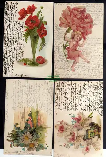 4 Ansichtskarte Blumen Glitzerauflage 1900 Künstlerkarte Mohn Lilie