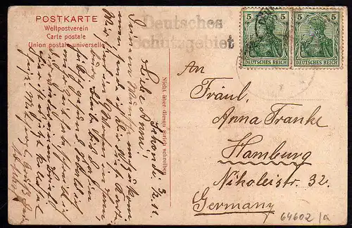 Ansichtskarte Woermann Linie Deutsches Schutzgebiet 1911 undeutlicher Seepoststempel