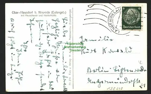 Ansichtskarte Ober Hausdorf b. Neurode Eulengebirge 1941 mit Heuscheuer Henkelhütte