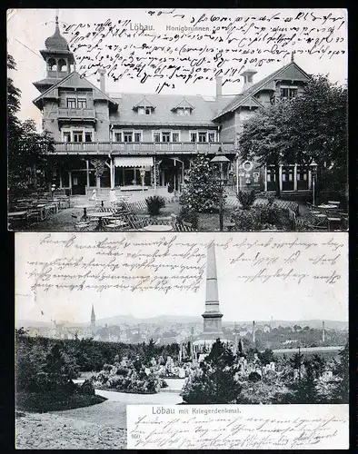 37537 2 AK Löbau Honigbrunnen 1904 Gaststätte Restaurant Kriegerdenkmal 1905