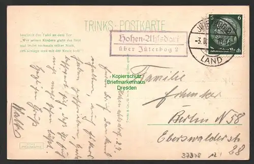 37378 AK Jüterbog Blick durch das Dammtor 1934 Landpoststempel Hohen-Ahlsdorf