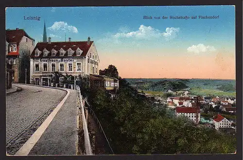 36908 AK Leisnig 1915 Gasthaus Bastei Blick von der Hochstraße auf Fischendorf