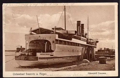 36177 AK Sassnitz Rügen Fährschiff Preussen Vollbild 1929