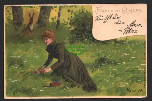 144360 AK Fröhliche Ostern Mailick Künstlerkarte 1907 Frau Osterhase