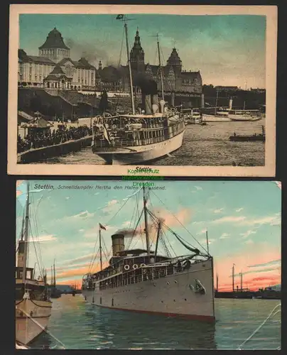 144287 2 AK Stettin 1907 Schnelldampfer Hertha Hafen Imperator beim ablegen