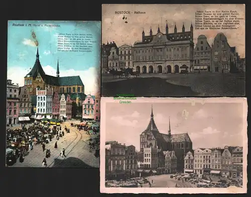 144226 3 AK Rostock i. M. Markt Marienkirche 1908 Rathaus 1917 Fotokarte 1940