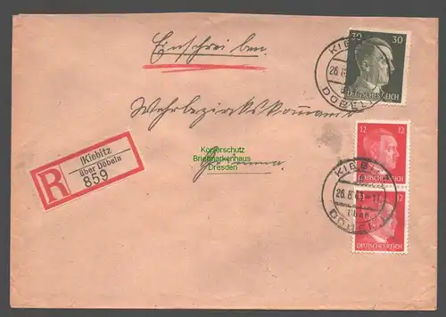 B9463 R-Brief Wehrmeldeamt Kiebitz über Döbeln 1943  Wehrbezirkskommando Grimma