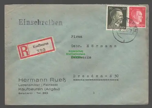 B9461 R-Brief Gebr. Hörmann A.-G. Kaufbeuren 1942 Hermann Rueß Lebensmittel