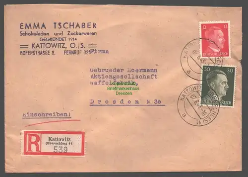 B9459 R-Brief Gebr. Hörmann A.-G. Kattowitz (Oberschles) 11 1943 Emma Tschaber