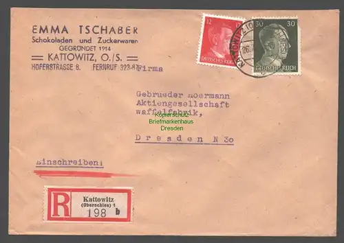 B9457 R-Brief Gebr. Hörmann A.-G. Kattowitz (Oberschles) 1 b 1943 Emma Tschaber