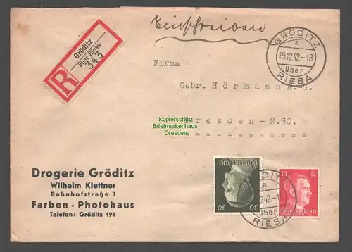 B9382 R-Brief Gebr. Hörmann A.-G. Gröditz ü Riesa 1942 Wilhelm Klettner Drogerie