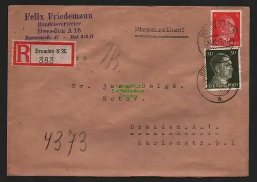 B9292 R-Brief  Dresden N 25 1942 Felix Friedemann Notar Dolge