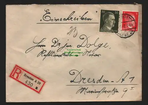 B9277 R-Brief Dresden A 29 a 1942  Rechtsanwalt Notar Dolge