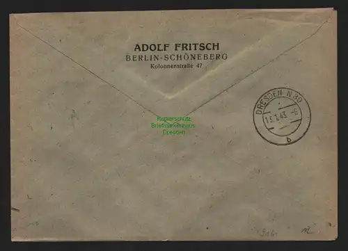 B9161 R-Brief Gebr. Hörmann A.-G. Berlin Schöneberg 4 a 1943 Adolf Fritsch