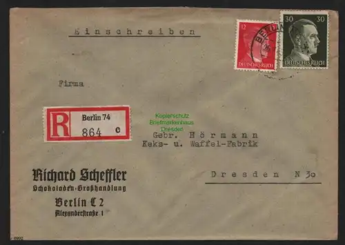 B9133 R-Brief Gebr. Hörmann A.-G. Berlin 74 1943 Richard Scheffler  Schokoladen-