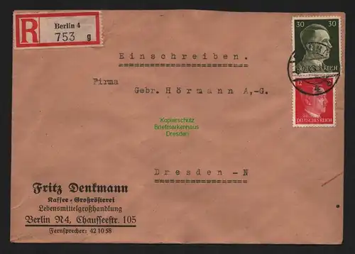 B9107 R-Brief Gebr. Hörmann A.-G. Berlin 4 g Fritz Denkmann Kaffee Großrösterei