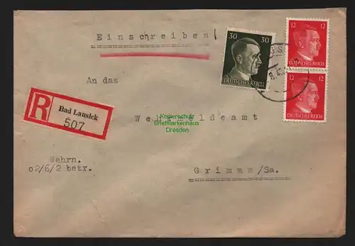 B9025 R-Brief Wehrmeldeamt Bad Lausick 1943  An das Wehrmeldeamt in Grimma