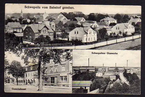 79047 AK Schwepnitz vom Bahnhof gesehen Glaswerk Gemeindeamt 1917