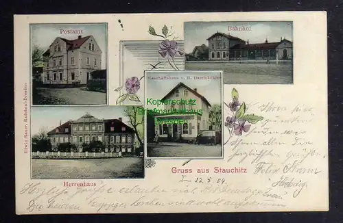 126657 AK Stauchitz Postamt Schloss Bahnhof Colonialwaren 1904