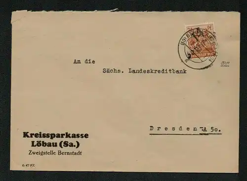 h5122 SBZ Handstempel Bezirk 14 Brief Bernstadt Kreissparkasse Löbau