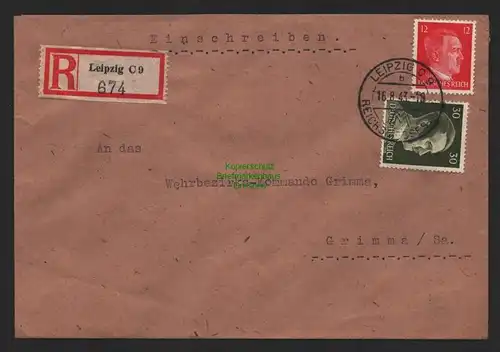 B9510 R-Brief Wehrmeldeamt Leipzig C 9 1943 An das Wehrbezirkskommando in Grimma