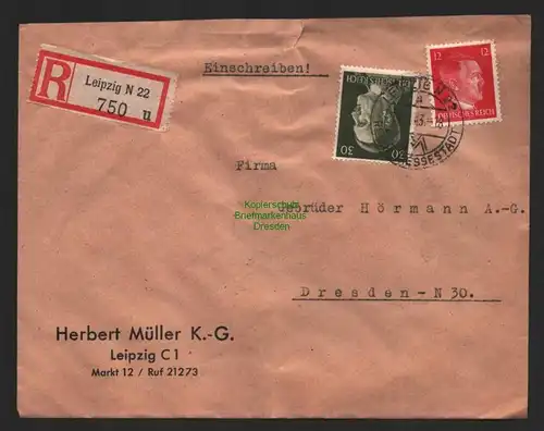 B9516 R-Brief Gebr. Hörmann A.-G. Leipzig N 22 u 1943 Herbert Müller K. G.