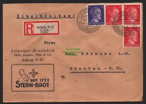 B9513 R-Brief Gebr. Hörmann A.-G. Leipzig N 21 1943 Gebr. Joachim Brotfabrik