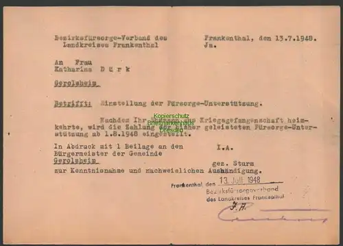 B7481 Faltbrief Gebühr bezahlt 1948 Frankenthal Pfalz n Gerolsheim Bürgermeister