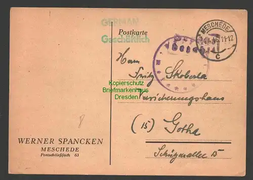 B7519 Postkarte Gebühr bezahlt Meschede 1946 nach Gotha
