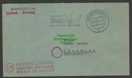 B7484 Brief Gebühr bezahlt 1945 Wehr Baden nach Chemnitz Frikker u. Gampp