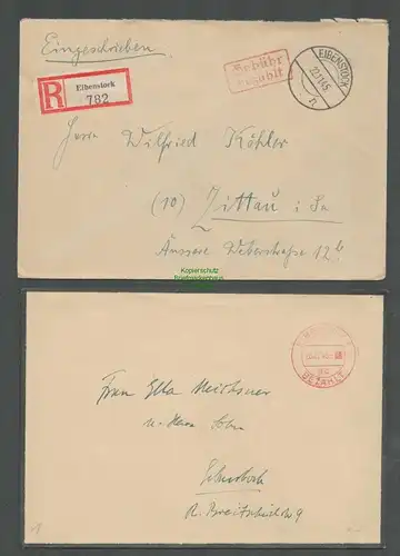 B5763 Gebühr bezahlt 1945 2x Brief Eibenstock Einschreiben  nach Zittau