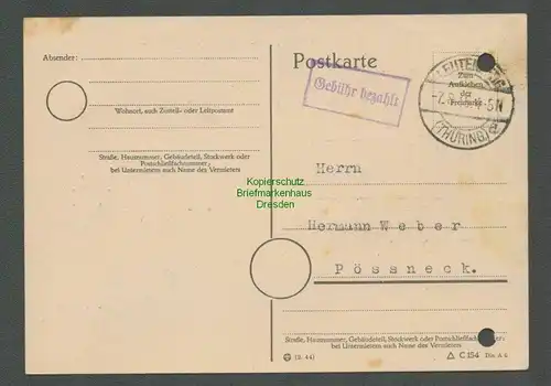 B5795 Gebühr bezahlt 1945 Postkarte Leutenberg Holzhandlung Krieck