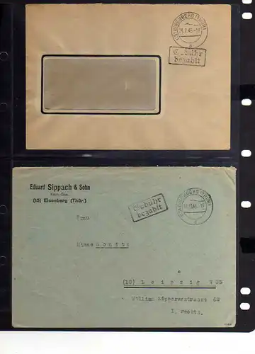 B341 2x SBZ Brief Gebühr bezahlt 1948 Eisenberg Thür.
