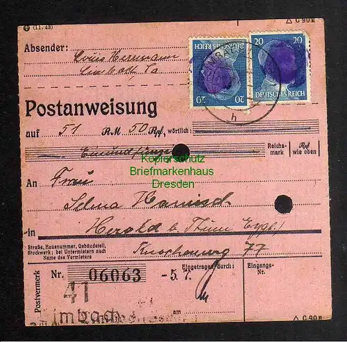 B2845 Sächsische Schwärzung 1945 Postanweisung 41 Limbach - Herold 5.7.45
