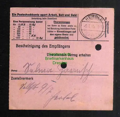 B2845 Sächsische Schwärzung 1945 Postanweisung 41 Limbach - Herold 5.7.45