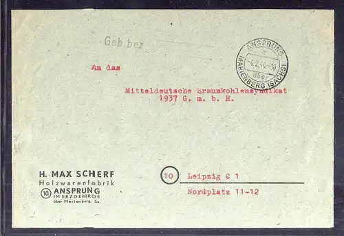 B212 SBZ Gebühr bezahlt 1946 Brief Ansprung über Marienberg S. Holzwarenfabrik