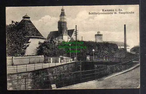 130648 AK Kamenz Schillerpromenade mit Hauptkirche 1918