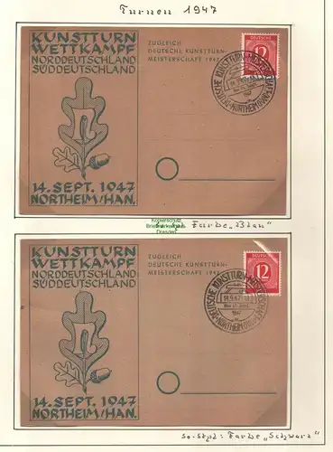 B10283 Northeim 1947 Kunstturn Wettkampf 2 Briefe SST Deutsche Meisterschaft
