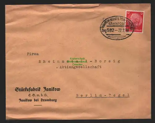 B8821 DR Brief Bahnpost Rhunow Neustettin Firchau 1939 Stärkefabrik Janikow bei