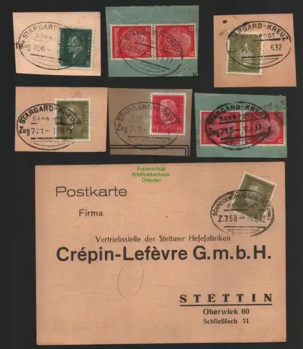 B8827 DR Postkarte Bahnpost Schneidemühl - Stargard 1932 + 6x Briefstück Kreuz